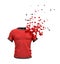 3d rendering of red T-shirt starting to disslove into pieces isolated on white background.
