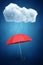 3d rendering of red umbrella under rainy white cloud on blue background