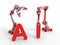 3D rendering - red and white robotic arms forming the word AI