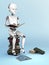 3D rendering of a robot child sitting on a pile of books.