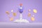 3d Rendering Rocket Jet Launch Flying Startup Speed Growth Concept With Coins And Star Floating Minimal Cartoon Style On Purple