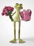 3D rendering of romantic cartoon frog holding a bouquet of roses