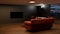 3D rendering of room with blank black plasma TV in focus, with red sofa in the middle. Home cinema advertisment mockup. Soft and