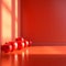 3D rendering of a room with red walls and floor, corner lit by sunlight with red heart shaped balloons in the corner
