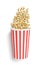 3d rendering of a round striped popcorn bucket lying on its side with popcorn spilling out of it in top view.