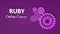 3D rendering of RUBY Online course with cogwheels in monochrome purple color. Advertising signboard,violet banner. Ruby online