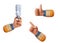 3d rendering, set of cartoon human master arms holding electric bulb. Economy of electricity. Hand gestures: thumb up and pointing