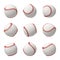 3d rendering of a set made of several white leather baseballs with red stitching hanging on a white background.