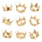 3d rendering of a set made up of several golden crowns hanging on a white background in different angles.