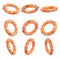 3d rendering of a set of orange life buoys hanging over a white background in different angles.