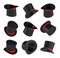 3d rendering of a set of several black magician`s hats with one red stripe in different views.