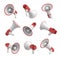 3d rendering of a set of several white and red megaphones in different angles on white background.