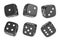 3d rendering of a set of six black dice with white dots hanging in half turn showing different numbers.