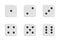 3d rendering of a set of six white dice in front view with black dots showing different numbers.