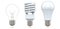 3d rendering set of tungsten bulb, fluorescent bulb and LED bulb. 3d illustration, evolution of energy saver lamps