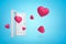 3d rendering of several pink hearts flying out of open white doorway on light-blue background.