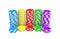 3d rendering of several stacks of gambling chips in green, yellow, red, blue and purple colors on a white background.