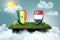 3d rendering of shield flags of Senegal and Netherlands on a football field. Soccer concept.