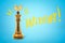 3d rendering of shiny golden chess king with crown in air above it on light blue background with title `Winner`