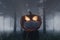 3d rendering of shiny halloween Jack-o-Lantern pumpkin covered with a face mask at foggy forest
