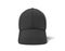 3d rendering of a single black baseball cap hanging vertically on a white background with its visor down.