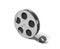 3d rendering of a single movie reel with some film tailing after it on a white background.