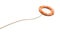 3d rendering of a single orange life buoy on a white background hanging from a long rope in motion.