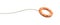 3d rendering of a single orange life buoy on a white background hanging from a long rope in motion.