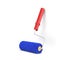 3d rendering of a single paint roller in blue and red color leaning on a white wall.