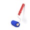 3d rendering of a single paint roller in blue and red color leaning on a white wall.