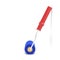 3d rendering of a single paint roller in blue and red color leaning on a white wall.