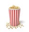 3d rendering of a single small popcorn bucket in red and white stripes with popcorn overflowing of it.