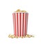 3d rendering of a single small popcorn bucket in red and white stripes with popcorn overflowing of it.