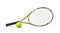 3d rendering a single tennis racquet lying with a yellow ball on white background.