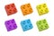 3d rendering of six multicolored toy blocks shown from top side view on white background.