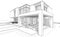 3d rendering sketch of modern house black line on white background