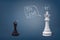 3d rendering of a small black chess pawn with a sad face stands near a victorious king figure.
