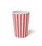 3d rendering of a small popcorn bucket with red and white stripes standing completely empty on a white background.