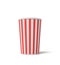 3d rendering of a small popcorn bucket with red and white stripes standing completely empty on a white background.