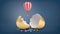 3d rendering of small red and white hot air balloon flies out of a broken golden eggshell.