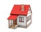 3d rendering of a small residential house with a chimney and a red roof on a white background.