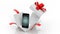 3D rendering of smartphone and opened giftbox with red ribbon