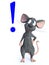 3D rendering of a smiling cartoon mouse with exclamation mark