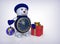 3D rendering snowman with clock. gifts on a white background