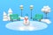 3d rendering a snowman stands on a frozen lake, ice rink in a winter park. Benches and trees illuminated by vintage lanterns