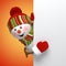 3d rendering of Snowman toy looking out the corner. Christmas greeting card blank mockup isolated with on red background