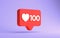 3d rendering of social media hundred likes notification isolated on a purple background