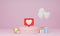 3d rendering, social media notification like heart icon in speech bubble pin