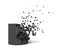 3d rendering of a solid black cylinder getting destroyed with pieces flying up.