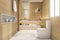 3d rendering spacious and beautiful toilet with white wood design